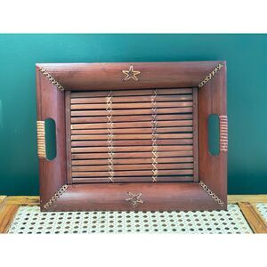 Wood Serving Tray Leather Laced Southwest Western Farmhouse 13.5" x 10.5"
